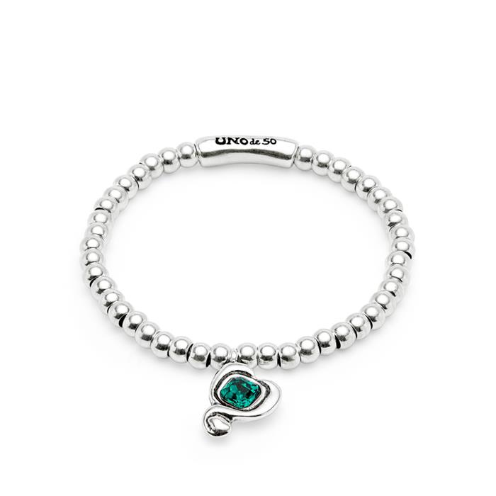 Pulsera UNOde50 Ser Expresiva Bolitas Baño Plata y Corazón Cristal Verde Facetado PUL2514VRDMTL0M