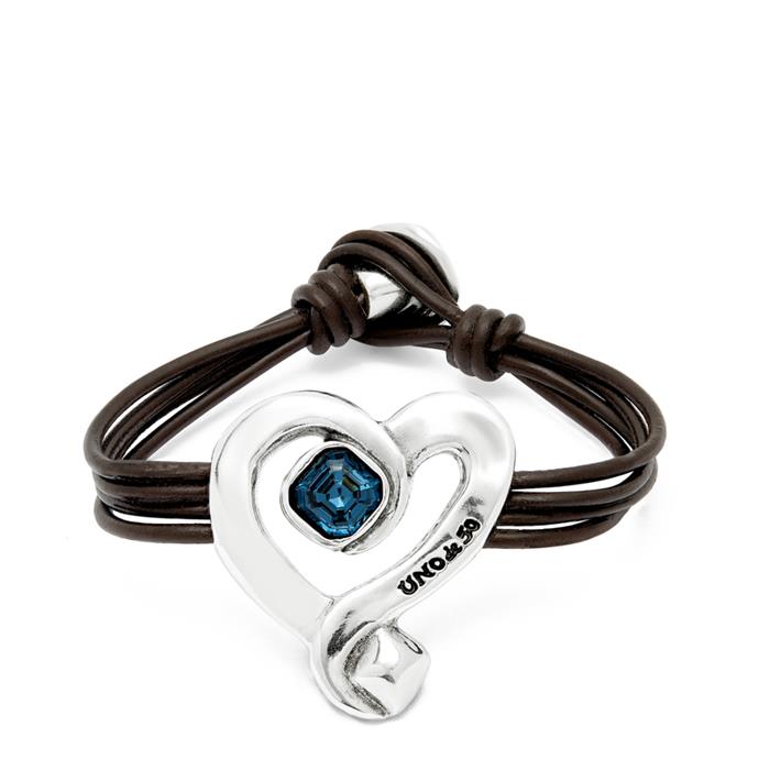 Pulseras UNOde50 Ser Expresiva Cuero Negro y Corazón Baño Plata, Cristal Azul Facetado PUL2542AZOMTL0M