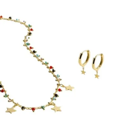 Set Pendientes y Pulsera Luxenter Beos Estrellas Plata Baño Oro y Piedras Multicolor SETWEB1100