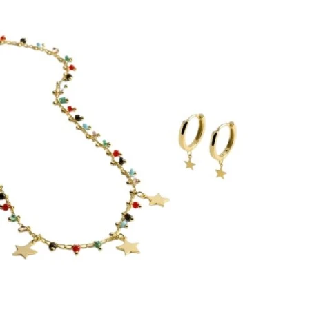 Set Pendientes y Pulsera Luxenter Beos Estrellas Plata Baño Oro y Piedras Multicolor SETWEB1100