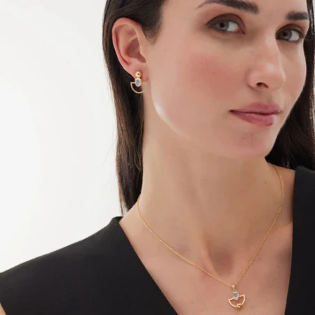 Pendientes Victoria Cruz Buongirono Abanico Baño Oro y Cristal Blanco A5285-07DT