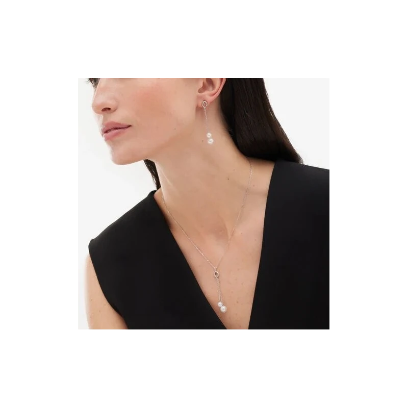 Pendientes Largos Victoria Cruz Ohayo Cadenas Plata Baño Oro y Perlas A5203-00DT