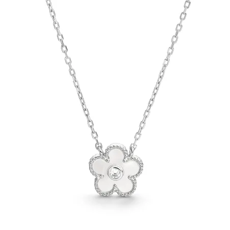 Gargantilla Itemporality Flor Plata Baño Rodio, Madre Perla y Circonitas Blancas SNL-116-194-UU