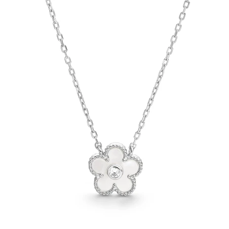Gargantilla Itemporality Flor Plata Baño Rodio, Madre Perla y Circonitas Blancas SNL-116-194-UU
