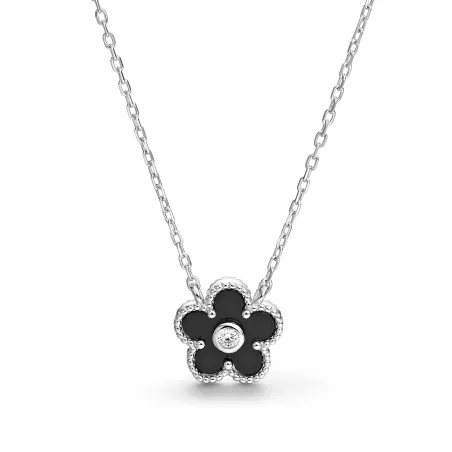 Gargantilla Itemporality Flor Plata Baño Rodio, Ónix y Circonitas Blancas SNL-102-194-UU
