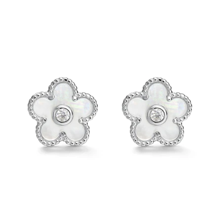 Pendientes Itemporality Flor Plata Baño Rodio, Madre Perla y Circonitas blancas SEA-116-432-UU