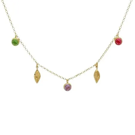 Collar Corto Victoria Cruz Hoja Bom Dia Plata Baño Oro y Cristales Multicolor A5267-MDG