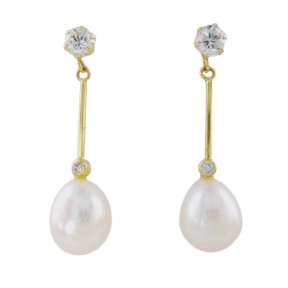 Pendientes Largos Oro Amarillo Circonita y Perla 04910564P
