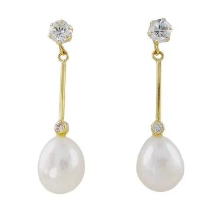 Pendientes Largos Oro Amarillo Circonita y Perla 04910564P