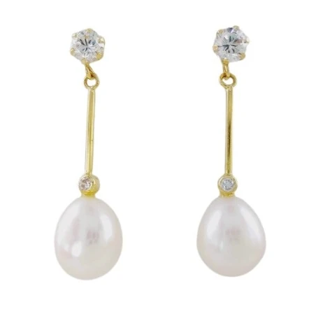Pendientes Largos Oro Amarillo Circonita y Perla 04910564P