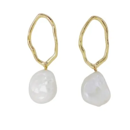 Pendientes Largos Óvalo Oro Amarillo y Perla Barroca Mujer 05510898P