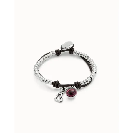 Pulsera UNOde50 Ser Fascinante Baño Plata y Cuero Negro, Corazón y Cristal Morado PUL2528MORMTL0M