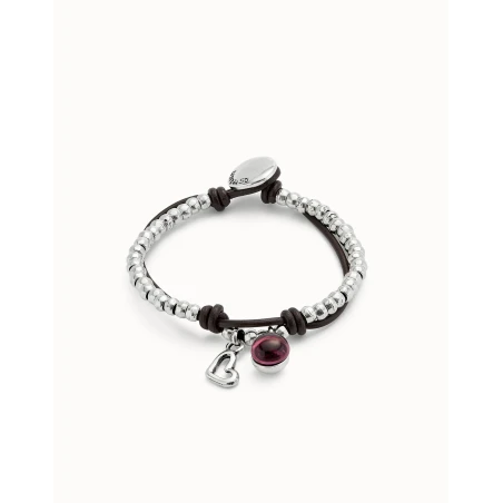Pulsera UNOde50 Ser Fascinante Baño Plata y Cuero Negro, Corazón y Cristal Morado PUL2528MORMTL0M
