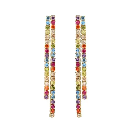 Pendientes Largos Victoria Cruz Plata Baño Oro y Cristales Multicolor A5418-DT