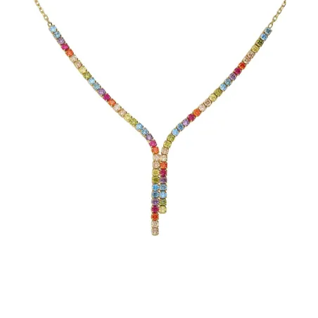 Collar Corto Victoria Cruz Plata Baño Oro y Cristales Multicolor A5419-DG