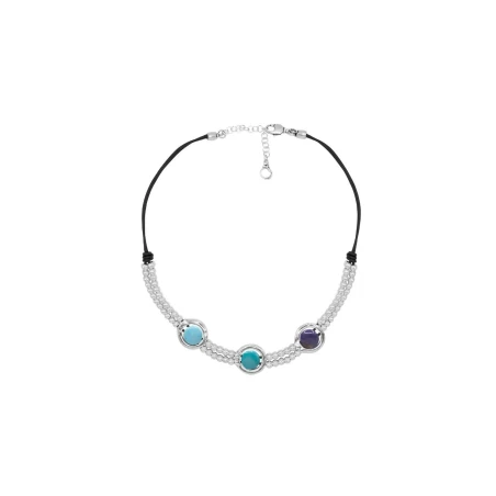 Collar Corto Ciclón Dafne Cuero Negro, Baño Plata y Cristales Turquesa 255800-51