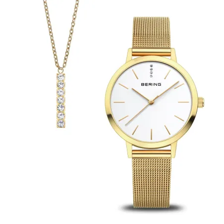 Set Collar y Reloj Bering Classic Dorado y Blanco Analógico Mujer 13434-334-GWP