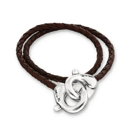 Pulsera Doble UNOde50 Cuero Marrón Mosquetones Entrelazados Baño Plata PUL2575MARMTL0L