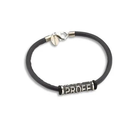 Pulsera en Plata de ley con abalorio (al mejor profe del mundo) y cuero negro liso