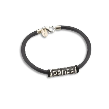 Pulsera en Plata de ley con abalorio (al mejor profe del mundo) y cuero negro liso