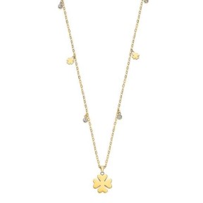 Gargantilla Lotus Style Trébol Acero Bañó Oro y Cristales...