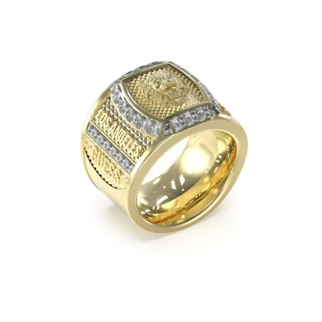 Anillo Guess Lion King Acero Baño Oro y Cristales Blancos Hombre JUMR05007JWYG64