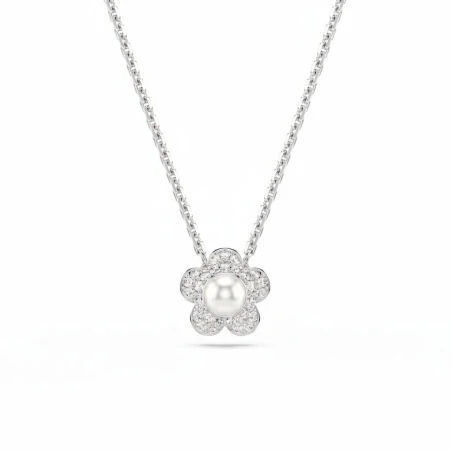 Gargantilla Swarovski Angelic Flor Baño Rodio, Cristales Blancos y Perla 5755817