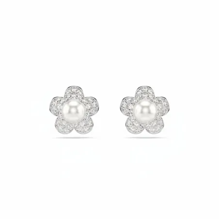 Pendientes Swarovski Angelical Flor Baño Rodio, Cristales Blancos y Perla 5756098