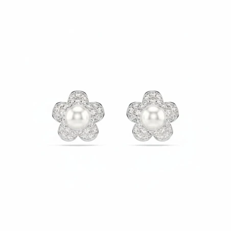 Pendientes Swarovski Angelical Flor Baño Rodio, Cristales Blancos y Perla 5756098