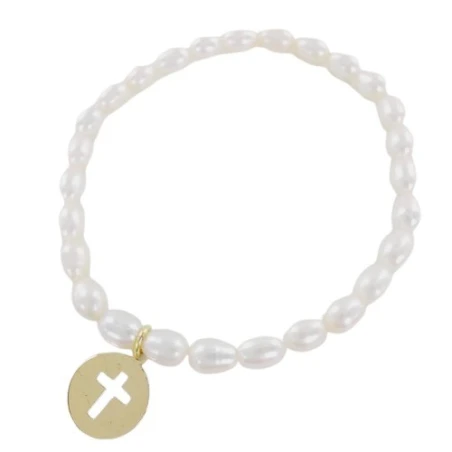Pulsera Perlas y Disco Cruz Oro Amarillo 18kt 1420031PUP