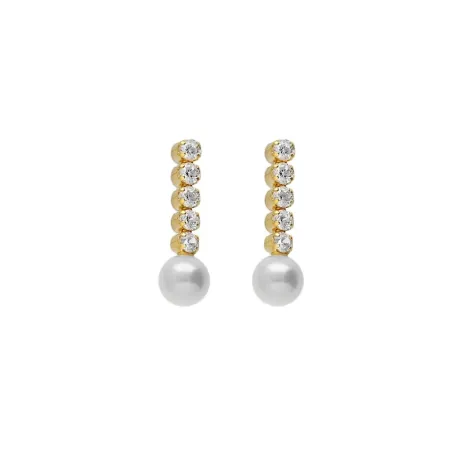 Pendientes Cortos Victoria Cruz Aurore Plata Baño Oro, Cristales Riviere y Perla A5109-00DT