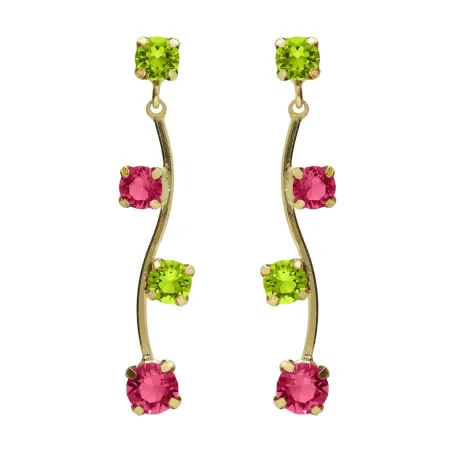 Pendientes Largos Victoria Cruz Fleur Plata Baño Oro y Cristales Rosa y Verde A5674-04DT