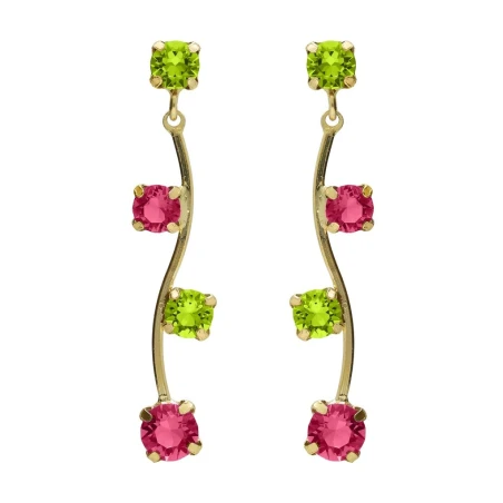 Pendientes Largos Victoria Cruz Fleur Plata Baño Oro y Cristales Rosa y Verde A5674-04DT