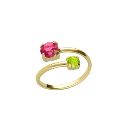 Anillo Ajustable Victoria Cruz Fleur Plata Baño Oro y Cristales Verde y Rosa A5677-04DA