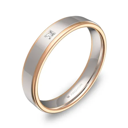 Alianza de boda plana con biseles en oro bicolor 1 diamante D1940P1PR