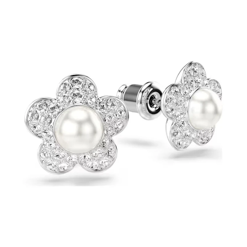 Pendientes Swarovski Angelical Flor Baño Rodio, Cristales Blancos y Perla 5756098