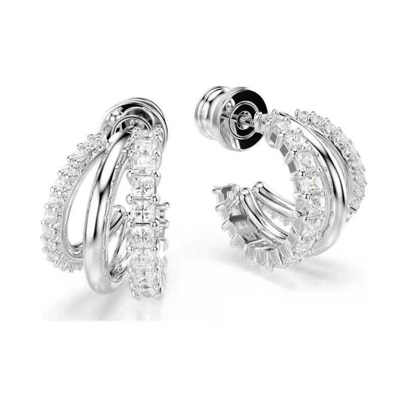 Pendientes Swarovski Hyperbola Triple Aro Baño Rodio y Cristales Blancos 5737110
