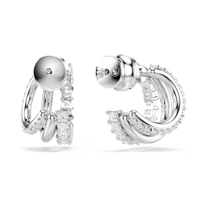 Pendientes Swarovski Hyperbola Triple Aro Baño Rodio y Cristales Blancos 5737110