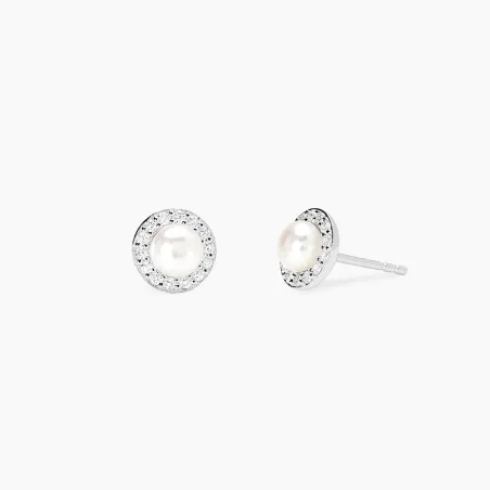 Pendientes Mabina Plata Baño Rodio, Perla Cultivada y Diamantes Creados en Laboratorio 563992