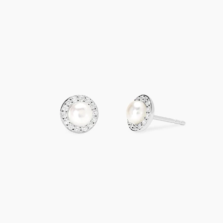 Pendientes Mabina Plata Baño Rodio, Perla Cultivada y Diamantes Creados en Laboratorio 563992