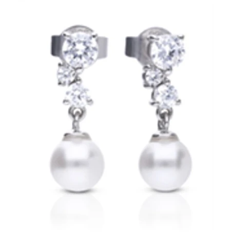 Pendientes Colgantes Diamonfire Plata Baño Rodio, Circonitas y Perla E6650