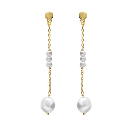 Pendientes Largos Victoria Cruz Solene Plata Baño Oro y Perlas A5749-00DT