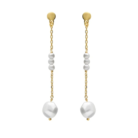 Pendientes Largos Victoria Cruz Solene Plata Baño Oro y Perlas A5749-00DT