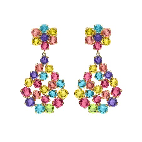 Pendientes Largos Victoria Cruz Fleur Plata Baño Oro y Cristales Multicolor A5693-MDT