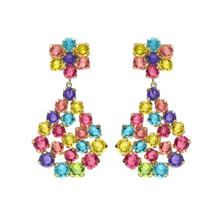 Pendientes Largos Victoria Cruz Fleur Plata Baño Oro y Cristales Multicolor A5693-MDT
