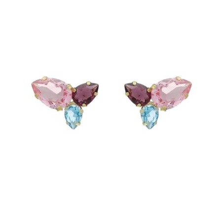 Pendientes Cortos Victoria Cruz Magnolia Plata Baño Oro y Cristales Multicolor A4444-MDT