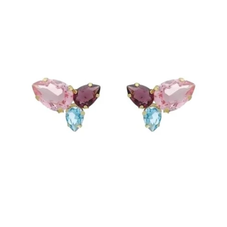 Pendientes Cortos Victoria Cruz Magnolia Plata Baño Oro y Cristales Multicolor A4444-MDT