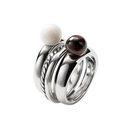 Anillo Fossil Acero y Esferas Blanca y Negra Mujer JF85551040506