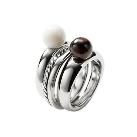 Anillo Fossil Acero y Esferas Blanca y Negra Mujer JF85551040506
