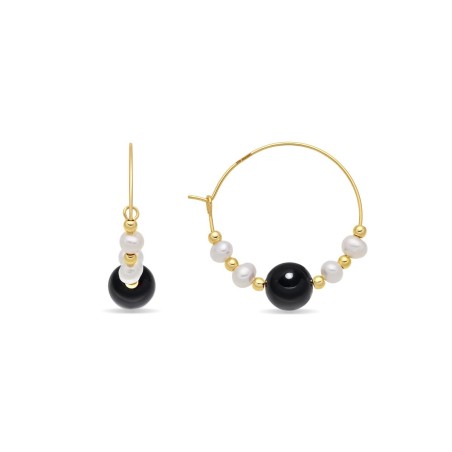 Pendientes Luxenter Lasrij Aro Plata Baño Oro, Perlas y Piedra Negra EXA950YC2000